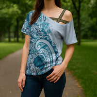 Aloha Hawaii Tapa Cross Shoulder Shirt Cool Turquoise Hawaiian Ipu LT7 - Polynesian Pride