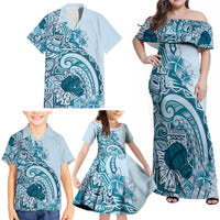 Aloha Hawaii Tapa Family Matching Off Shoulder Maxi Dress and Hawaiian Shirt Cool Turquoise Hawaiian Ipu - Polynesian Pride
