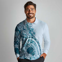 Aloha Hawaii Tapa Long Sleeve Polo Shirt Cool Turquoise Hawaiian Ipu - Polynesian Pride