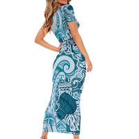 Aloha Hawaii Tapa Short Sleeve Bodycon Dress Cool Turquoise Hawaiian Ipu - Polynesian Pride