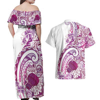 Aloha Hawaii Tapa Couples Matching Off Shoulder Maxi Dress and Hawaiian Shirt Vibrant Fuchsia Hawaiian Ipu - Polynesian Pride