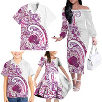 Aloha Hawaii Tapa Family Matching Off The Shoulder Long Sleeve Dress and Hawaiian Shirt Vibrant Fuchsia Hawaiian Ipu - Polynesian Pride