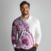 Aloha Hawaii Tapa Long Sleeve Polo Shirt Vibrant Fuchsia Hawaiian Ipu - Polynesian Pride