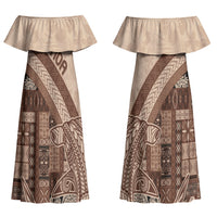 Samoa Mamanu Siapo Mocha Couples Matching Off Shoulder Maxi Dress and Long Sleeve Button Shirt Tatau Malie