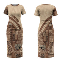 Samoa Mamanu Siapo Mocha Couples Matching Short Sleeve Bodycon Dress and Hawaiian Shirt Tatau Malie