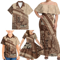 Samoa Mamanu Siapo Mocha Family Matching Off Shoulder Maxi Dress and Hawaiian Shirt Tatau Malie