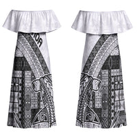 Samoa Mamanu Siapo Classic Black Couples Matching Off Shoulder Maxi Dress and Hawaiian Shirt Tatau Malie
