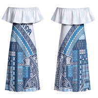 Samoa Mamanu Siapo Royal Blue Family Matching Off Shoulder Maxi Dress and Hawaiian Shirt Tatau Malie