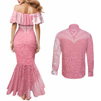 Personalised New Zealand Couples Matching Mermaid Dress and Long Sleeve Button Shirts Pink Ribbon Tattoo Mix Silver Fern LT7 - Polynesian Pride