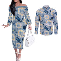 Aloha Hawaii Paniolo Jeans Palaka Couples Matching Off The Shoulder Long Sleeve Dress and Long Sleeve Button Shirt Coastal Rodeo - Polynesian Pride