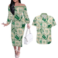 Aloha Hawaii Paniolo Mint Palaka Couples Matching Off The Shoulder Long Sleeve Dress and Hawaiian Shirt Coastal Rodeo - Polynesian Pride