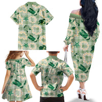 Aloha Hawaii Paniolo Mint Palaka Family Matching Off The Shoulder Long Sleeve Dress and Hawaiian Shirt Coastal Rodeo - Polynesian Pride