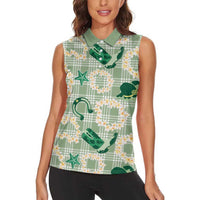 Aloha Hawaii Paniolo Mint Palaka Women Sleeveless Polo Shirt Coastal Rodeo - Polynesian Pride