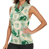 Aloha Hawaii Paniolo Mint Palaka Women Sleeveless Polo Shirt Coastal Rodeo - Polynesian Pride