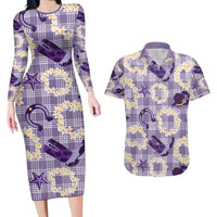 Aloha Hawaii Paniolo Lavender Palaka Couples Matching Long Sleeve Bodycon Dress and Hawaiian Shirt Coastal Rodeo - Polynesian Pride