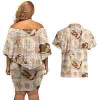 Aloha Hawaii Paniolo Khaki Palaka Couples Matching Off Shoulder Short Dress and Hawaiian Shirt Coastal Rodeo - Polynesian Pride