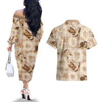 Aloha Hawaii Paniolo Khaki Palaka Couples Matching Off The Shoulder Long Sleeve Dress and Hawaiian Shirt Coastal Rodeo - Polynesian Pride