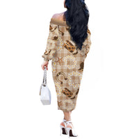 Aloha Hawaii Paniolo Khaki Palaka Off The Shoulder Long Sleeve Dress Coastal Rodeo - Polynesian Pride