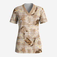 Aloha Hawaii Paniolo Khaki Palaka Scrub Top Coastal Rodeo - Polynesian Pride