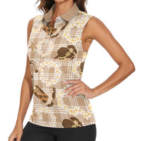 Aloha Hawaii Paniolo Khaki Palaka Women Sleeveless Polo Shirt Coastal Rodeo - Polynesian Pride