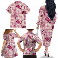 Aloha Hawaii Paniolo Lokelani Rose Palaka Family Matching Off The Shoulder Long Sleeve Dress and Hawaiian Shirt Coastal Rodeo - Polynesian Pride