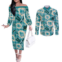 Aloha Hawaii Paniolo Teal Palaka Couples Matching Off The Shoulder Long Sleeve Dress and Long Sleeve Button Shirt Coastal Rodeo - Polynesian Pride