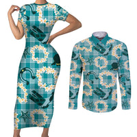 Aloha Hawaii Paniolo Teal Palaka Couples Matching Short Sleeve Bodycon Dress and Long Sleeve Button Shirt Coastal Rodeo - Polynesian Pride