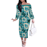 Aloha Hawaii Paniolo Teal Palaka Family Matching Off The Shoulder Long Sleeve Dress and Hawaiian Shirt Coastal Rodeo - Polynesian Pride