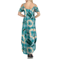Aloha Hawaii Paniolo Teal Palaka Family Matching Summer Maxi Dress and Hawaiian Shirt Coastal Rodeo - Polynesian Pride