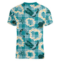 Aloha Hawaii Paniolo Teal Palaka Women V-Neck T-Shirt Coastal Rodeo - Polynesian Pride