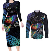 Polynesian Cancers Awareness Couples Matching Long Sleeve Bodycon Dress and Long Sleeve Button Shirt Hummingbird - Fly High Until We Meet Again