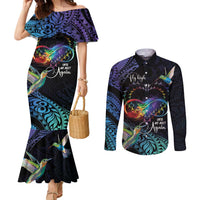 Polynesian Cancers Awareness Couples Matching Mermaid Dress and Long Sleeve Button Shirt Hummingbird - Fly High Until We Meet Again