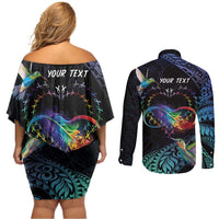 Polynesian Cancers Awareness Couples Matching Off Shoulder Short Dress and Long Sleeve Button Shirt Hummingbird - Fly High Until We Meet Again