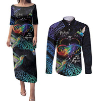 Polynesian Cancers Awareness Couples Matching Puletasi and Long Sleeve Button Shirt Hummingbird - Fly High Until We Meet Again