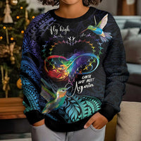 Polynesian Cancers Awareness Kid Ugly Christmas Sweater Hummingbird - Fly High Until We Meet Again