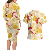 Beige Palaka Hawaii Aloha Couples Matching Long Sleeve Bodycon Dress and Hawaiian Shirt Koi Pond Mix Ilima Flowers - Polynesian Pride