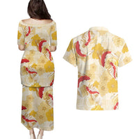 Beige Palaka Hawaii Aloha Couples Matching Puletasi and Hawaiian Shirt Koi Pond Mix Ilima Flowers - Polynesian Pride