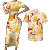 Beige Palaka Hawaii Aloha Couples Matching Short Sleeve Bodycon Dress and Hawaiian Shirt Koi Pond Mix Ilima Flowers - Polynesian Pride