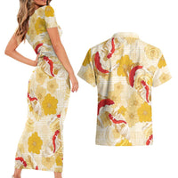 Beige Palaka Hawaii Aloha Couples Matching Short Sleeve Bodycon Dress and Hawaiian Shirt Koi Pond Mix Ilima Flowers - Polynesian Pride