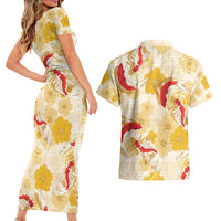 Beige Palaka Hawaii Aloha Couples Matching Short Sleeve Bodycon Dress and Hawaiian Shirt Koi Pond Mix Ilima Flowers - Polynesian Pride