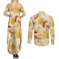 Beige Palaka Hawaii Aloha Couples Matching Summer Maxi Dress and Long Sleeve Button Shirt Koi Pond Mix Ilima Flowers - Polynesian Pride
