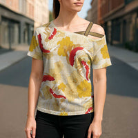 Beige Palaka Hawaii Aloha Cross Shoulder Shirt Koi Pond Mix Ilima Flowers - Polynesian Pride