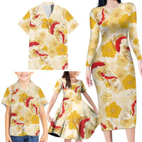 Beige Palaka Hawaii Aloha Family Matching Long Sleeve Bodycon Dress and Hawaiian Shirt Koi Pond Mix Ilima Flowers - Polynesian Pride