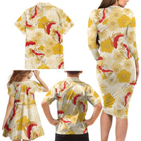 Beige Palaka Hawaii Aloha Family Matching Long Sleeve Bodycon Dress and Hawaiian Shirt Koi Pond Mix Ilima Flowers - Polynesian Pride