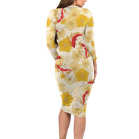 Beige Palaka Hawaii Aloha Family Matching Long Sleeve Bodycon Dress and Hawaiian Shirt Koi Pond Mix Ilima Flowers - Polynesian Pride