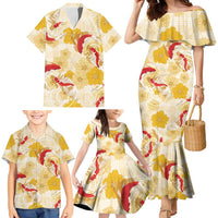 Beige Palaka Hawaii Aloha Family Matching Mermaid Dress and Hawaiian Shirt Koi Pond Mix Ilima Flowers - Polynesian Pride