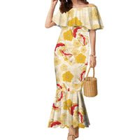 Beige Palaka Hawaii Aloha Family Matching Mermaid Dress and Hawaiian Shirt Koi Pond Mix Ilima Flowers - Polynesian Pride