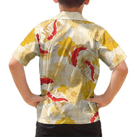 Beige Palaka Hawaii Aloha Family Matching Off The Shoulder Long Sleeve Dress and Hawaiian Shirt Koi Pond Mix Ilima Flowers - Polynesian Pride