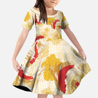 Beige Palaka Hawaii Aloha Family Matching Off The Shoulder Long Sleeve Dress and Hawaiian Shirt Koi Pond Mix Ilima Flowers - Polynesian Pride