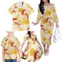 Beige Palaka Hawaii Aloha Family Matching Off The Shoulder Long Sleeve Dress and Hawaiian Shirt Koi Pond Mix Ilima Flowers - Polynesian Pride